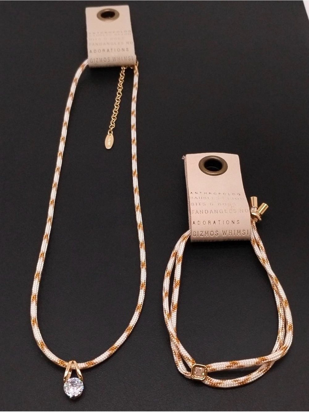 Anthropologie Serafina Adjustable Cord Necklace & Bracelet Cubic Zirconia Sporty